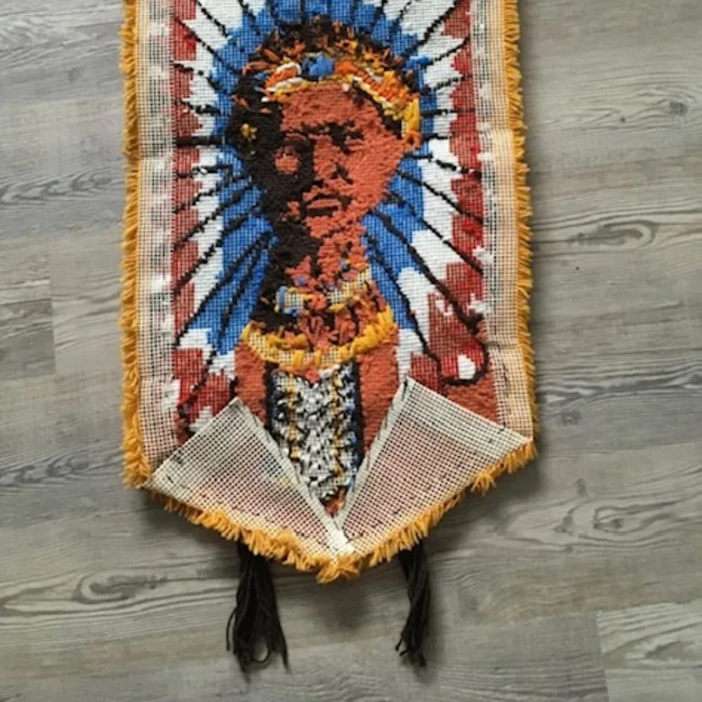 Vintage Native American Indian Chief Tapestry Hanging Rug Hand Embroidered